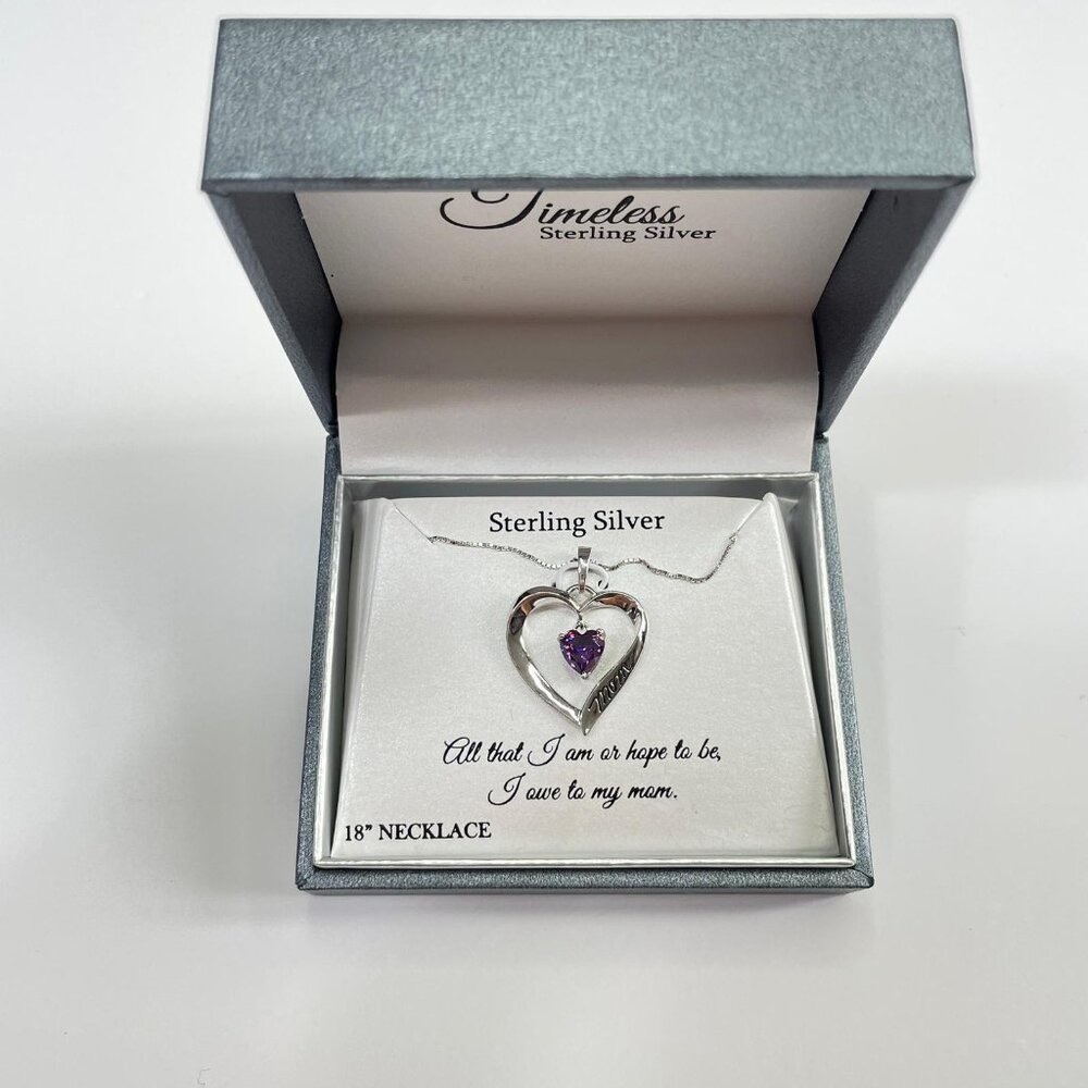 Timeless Amethyst Sterling Silver CZ Mom I Love You Heart Pendant